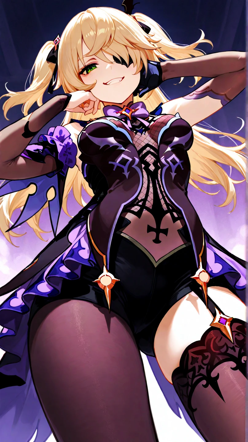 masterpiece, best quality, very aesthetic, absurdres, 1girl, mature_lady,,1girl, fischl \(genshin impact\), genshin impact, blonde hair, long hair, eyepatch, green eyes, two side up, breasts, thighhighs, ribbon, gloves, bow,in swimming pool,glowing stardust frontground,fantasy,sparkling,fireflies,from below
