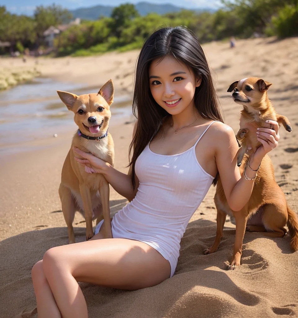 balinese girl, very skinny, very small breast, naked, lying, dog appeared from pussy, pussy licked by dog, dog in her pussy, dog licking her pussy, laughing, best quality,4k, 8k, highres, masterpiece, ultra-detailed, realistic