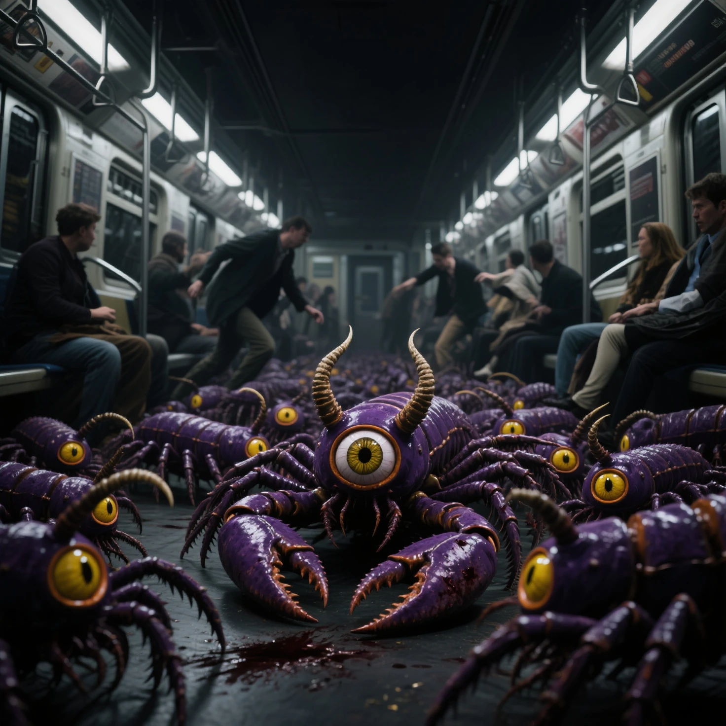 (masterpiece, best quality, 4K,8K,ultra detailed,detailed background,
beautiful,best quality,detailed,exquisite,extremely detailed,finely detailed,high quality,insanely detailed,
masterpiece,ultra detailed,ultra highres,ultra quality:1,4), 
focus,perfect light,dynamic light,natural light,
(角の生えた、縦長の形状の甲殻類に似た宇宙生物が大量にいる:1.32),(目には白目がない,目は一つ,顔の中央にある:1.5),地面を這って動く,(宇宙生物の目は黄色、体はdark purple、甲羅の縁はdark ocher:1.4),(宇宙生物は乗客たちを襲っている,乗客は逃げたり、殺されている:1.3),(停電,darkness:1.4),back ground 地下鉄の車両内部