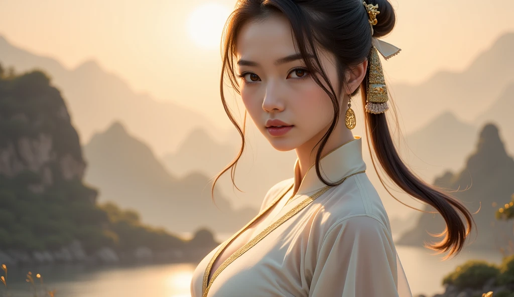 Masterpiece, best quality,Best quality, masterpiece, most of the body, (background: garden), 1 girl, mature woman, chinoiserie, ancient China, sister, dancer, dark brown hair, dark hair, princess cut, twisted braid, curly hair, double ball head, coiled hair, streamer, pale pink lips, calm, intellectual, tassel, silver thread, beaded, peony flower, robe, silk skirt, embroidery, delicate face, close-up, light-colored clothes, pretty face, realistic, edge lighting, two-tone lighting, (high detail skin :1.2), 8K UHD, DSLR, Soft Light, High Quality, Photo, High Resolution, 4K, 8K, Background Bokeh, Lute, Headgear (8k very detailed CG unit wallpaper) (best quality), (best illustration), (best shading) a golden sea wave, bright orange aol sunset through the wave, golden water drops flying, (:1. 6), fantasy medieval pirate, saber in hand, turban, pirate hat, cocked hat, on a boat, sails, sea and sky background, the only characters, correct female anatomy, art by Greg Rutkowski, digital art by artgerm, detailed art, masterpiece, digital painting, correct anatomy,https://www.seaart.ai/explore/detail/chrvlg94msb5lrl7lhs0