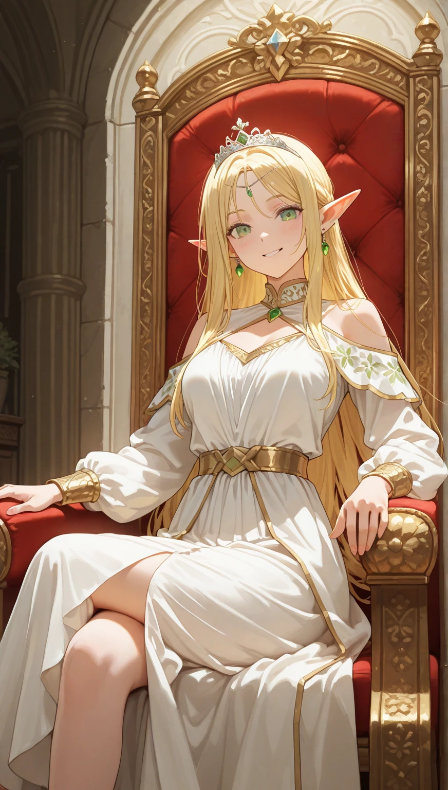 (((masterpiece))) ((( background = inside Elegant forest empire Castle : high-class room : detail ))) (((character = young elf female : elegant long blonde hair with straight bang : small breast : fit body : princess dress : sitting on a chair : elegant smile )))