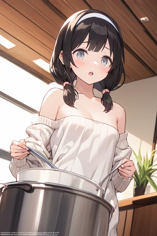 (small breasts:1.3), (perky chest:1.1), (pointed chest:1.0), (fashion magazine cover:1.3),(from below:1.0),(from side:0.9),masterpiece, 1girl, Amazing Cleavage:1.1, thin waist, big ass, Raised sexy, small breast: 1.3, posed cleavage:1.2、solo, looking at viewer, open mouth, have a cute grass of cute beergrass,black hair, dark green eyes, dress, bare shoulders, jewelry, collarbone, sidelocks, hairband, earrings, indoors, off shoulder, :o, sweater, arms behind back, plant, short hair with long locks, gild hairband, off-shoulder dress, sweater dress, off-shoulder sweater, red sweater, dark gord hair, big side hair, very long side hair,is rendered in (masterpiece: 1.2, best quality), with (ultra high resolution) and an exquisite (depth of field). This masterpiece is not only visually stunning but also tells,A scene of cooking in the kitchen by classroom