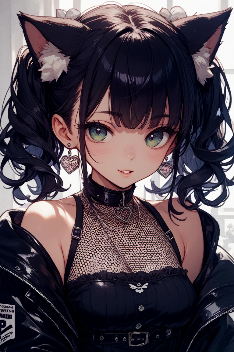 score_9, score_8_superior, score_7_superior, score_6_superior,a cartoon depiction of a woman dressed in a catsuit, 1girl, solo, jacket, breasts, green eyes, animal ears, black hair, cleavage cutout, cleavage, open jacket, large breasts, blush, clothing cutout