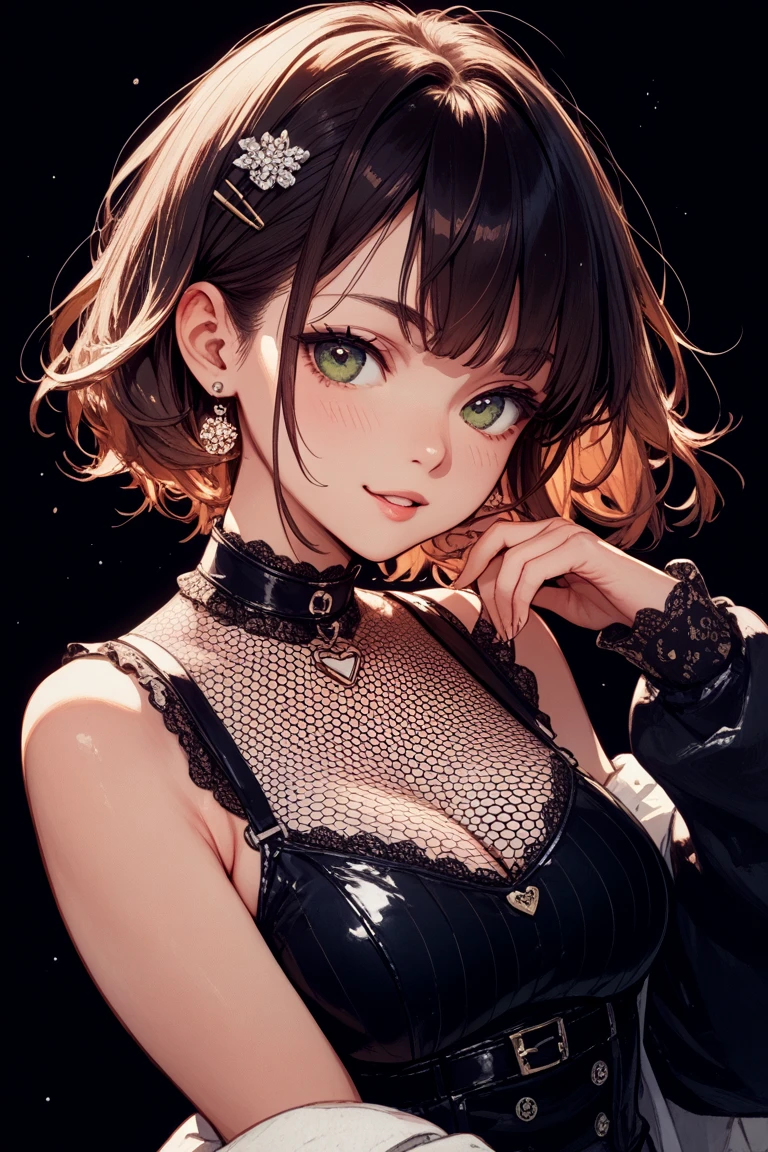 super high image, super detail, super high resolution, dark room with intense light, cute 1 girl, crawling on all fours, facial close-up, ((covered in semen)), skinny, small breasts, no cleavage, moist shiny lips, grinning, mischievous, light-orange hair, messy wild short hair, (hairpins), ((hair covering face)), green sparkling eyes, seductive eyes, (glossy dark eyeshadow), blush, sweaty, collar, buckles, black ripped t-shirt, ripped jeans, fish net stockings, punk rock, night time