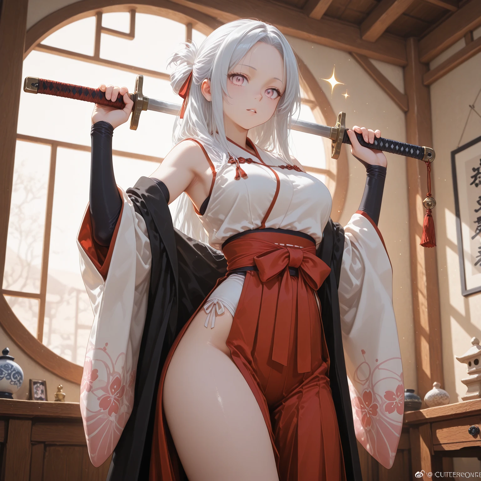 ((highest quality、High resolution、8K、masterpiece:1.3))、dynamic angle、wallpaper、1 girl、unparalleled beauty、ultimate beauty、super detailed face、delicate eyes、smile、sexy look、Depth of the bounds written、light particles、side light、((silver hair、shrine maiden、shrine maiden装束、red and white kimono))、(lifting the skirt with both hands)、((expression of ecstasy、Looks embarrassed、the skirt is turned up、She lifts up her skirt and shows her white panties.))、perfect body、beautiful breasts、tits、thighs、slim、slender