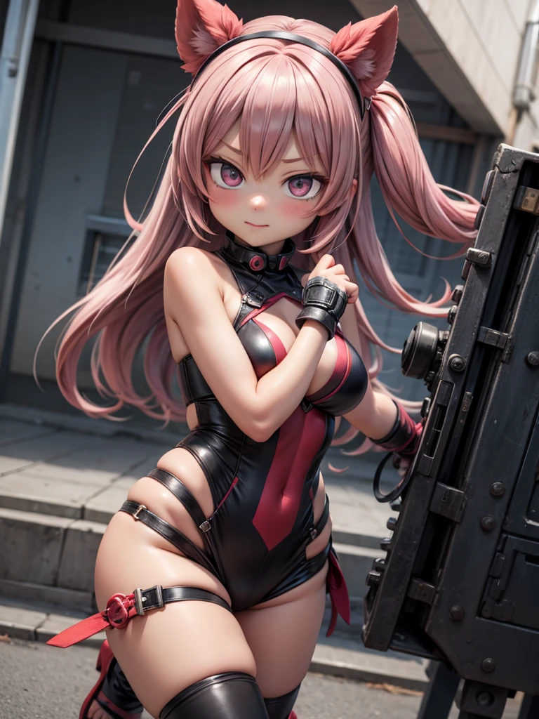 anime girl ,short pink hair,wearing croptop,have small breasts