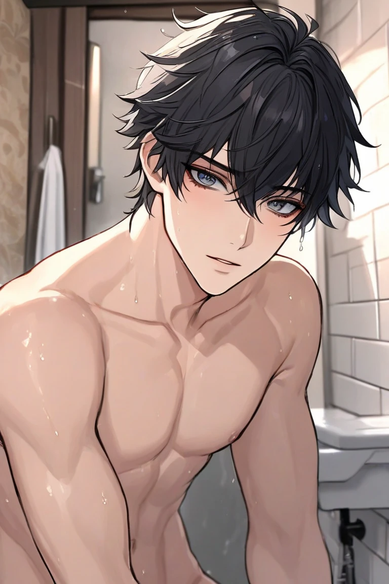 Photos of naked anime characters, tall anime people with blue eyes, young anime people, anime handsome men, anime portraits of handsome men, anime moe art style, male anime style, inspired by Masanobu Okumura, male anime characters, anime boys, high quality anime art style, handsome anime poses, smooth anime CG art, short black hair, black stud earrings, in the bathroom, shirtless, bathing