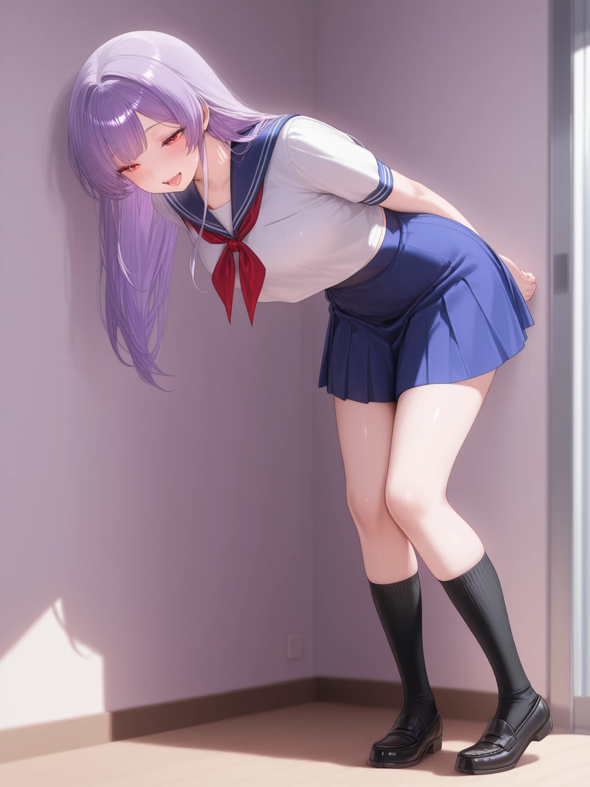 Keqing(the original god)，Lift your skirt with both hands，Expose off your underwear，The reveal panties，Be red in the face，Stick out your tongue，Purple colored hair，Purple eye，Ultra photo realsisim，soggy