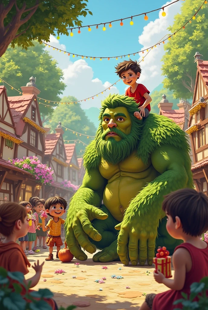 Selfish giant playing with little childrens in his beautiful garden