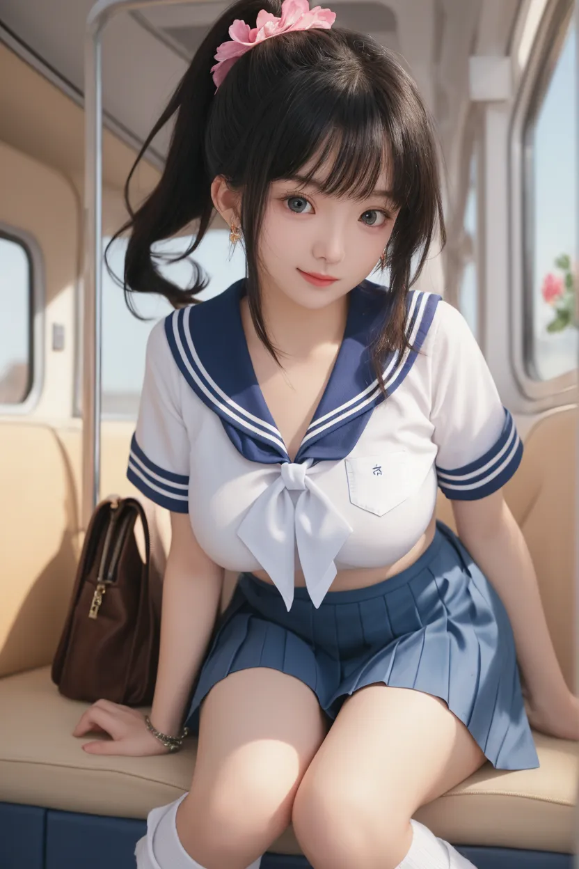 top-quality,ultra-detailliert,​masterpiece,realisitic,Photo Real,Bright lighting,1 girl in, Very cute 15 year old girl, (kawaii:1.2),Smile,Pointed mouth、 (Brown eyes),(brown haired),(bangss),short-cut、perfect glossy skin,flawless skin,innocent smiles,((accurate hands without incongruity)),Poor chest,Sheer bra、Light blue bra、big breasts thin waist, Look at viewers,((a sailor suit)),shortsleeves,(red necktie),(Blue pleated skirt),((to stand,close the legs)), sockes, (White Socks),(Black loafer shoes), during daytime,On the train