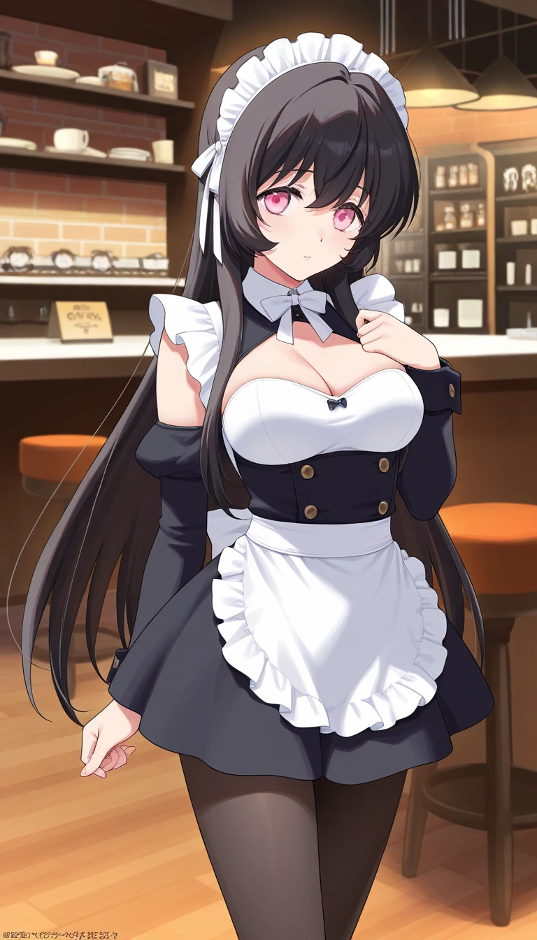 Italian girl 25 years old, very long black hair, with a super immense chest, dressed as a waitress, the dress for her breasts