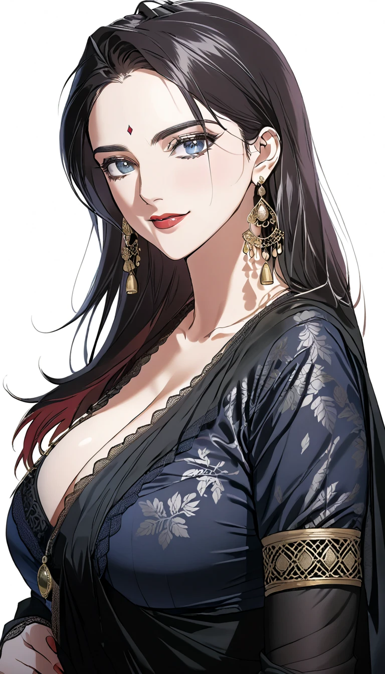beautiful woman, black jhumka earrings, saggy breasts, diamond necklace, black printed with white strip saree, flawless makeup, intricate detailed face, expressive eyes, alluring gaze, elegant posture, cinematic lighting, dramatic colors, highly detailed, 8k, photorealistic, masterpiece, wavy blunt hair