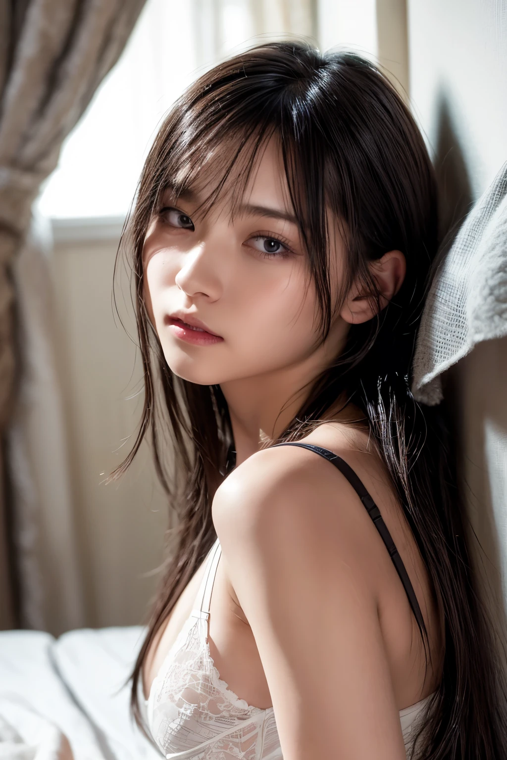 on the bed, in a dim lit dark room, a vibrant young-adult lady, lying face down with arms placed under face, resting face on the arms, blank eyes, close-up shot focus on the upper body from the side, undressed see-through lingerie bra, blushing, begging expressions, opened mouth a little, very moist lips, wet medium length hair, pale brown and shiny black hair, tied up, no-makeup, slendar figure, sweating, alluring, wearing nothing, exposed all of skin, {realistic photo style}, {cinematic}, {dramatic}