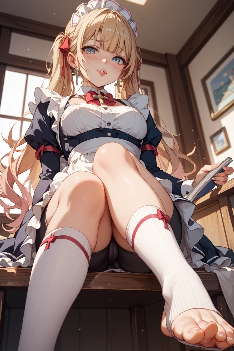 1girl、(masturbation、NSFW)、laughter、light blue dress、white apron、blonde hair、ribbon、clock、wonderland、(small breasts)、movement、no pants、show your chest、(pull your panties down to your knees,NSFW),SEX,masturbation、Pee、dildo、spread your legs wide、On your back、hymen、Open your with your fingers、