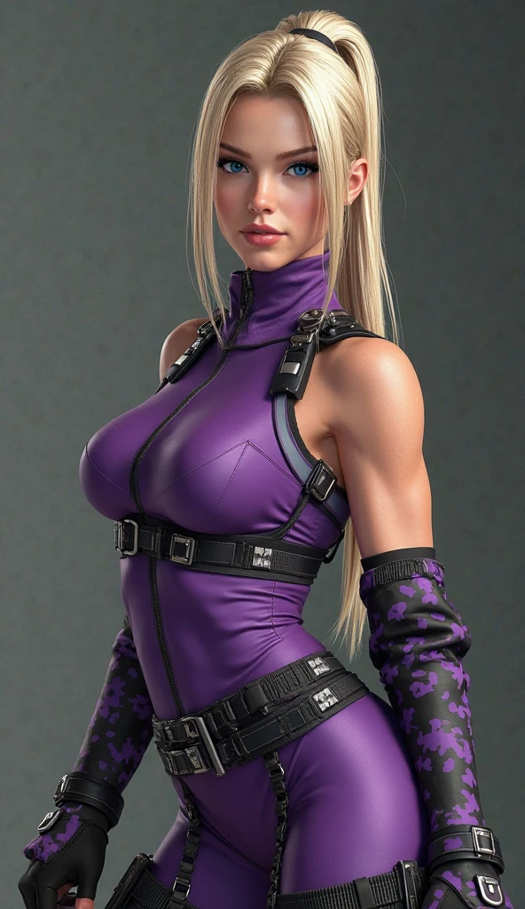 Gorgeous european woman with very short hair, short ponytail with fringe, wet hair, hair slicked back, combed straight back, slick hair, streaked blonde hair, seductive pose, sabrina carpenter as nina williams, torn ragged purple nina williams costume, cleavage, solid dark grey background