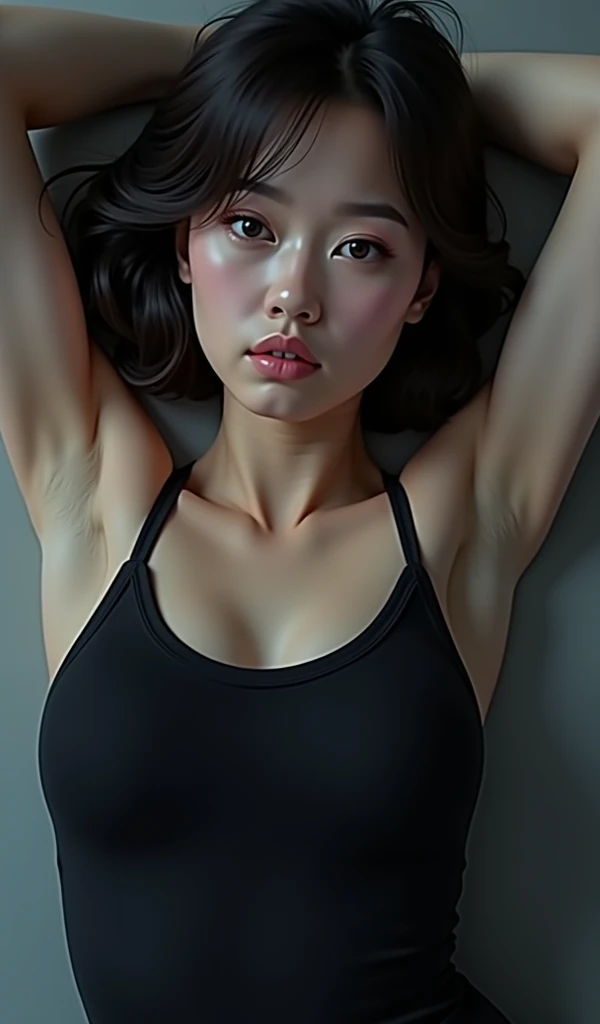 full body, body, (beautiful Korean female bodybuilder:1.2) in her 30s, 4k, masterpiece, (highres, soft_light, thicc|fit thighs, hourglass bodyshape), (absurdres:1.8), deep depth of field, sharp focus, alluring pose on stage, life like skin texture, muscular jaw, long hair with highlights, very round and (small breabic_hair:1.3), small glutes, Smirk, 70mm, remarkable use of texture form and natural colors, capturing the essence of reality without artificial manipulations, colors are subdued and muted, perfect shaped nipples