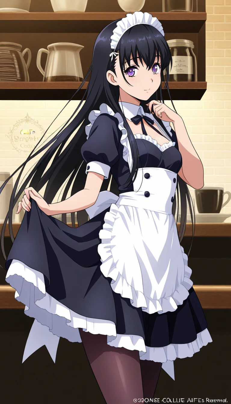 (masterpiece:1.37), best quality, (extremely detailed:1.37), luxurious mansion, inside, interior, woman, mature, (very long hair:1.25), dark purple hair, purple eyes, (extremely detailed eyes:1.37) shining eyes, breasts, maid uniform, (very long maid uniform:1.5), (wetting herself:1.5), (standing:1.5), embarrassed, humiliation, blushing, (expressionless:1.5), bowing, day, daytime, glow, looking at viewer, perfect composition, Perfect light and shadow, 8K, full body, (dignified expression:1.5)