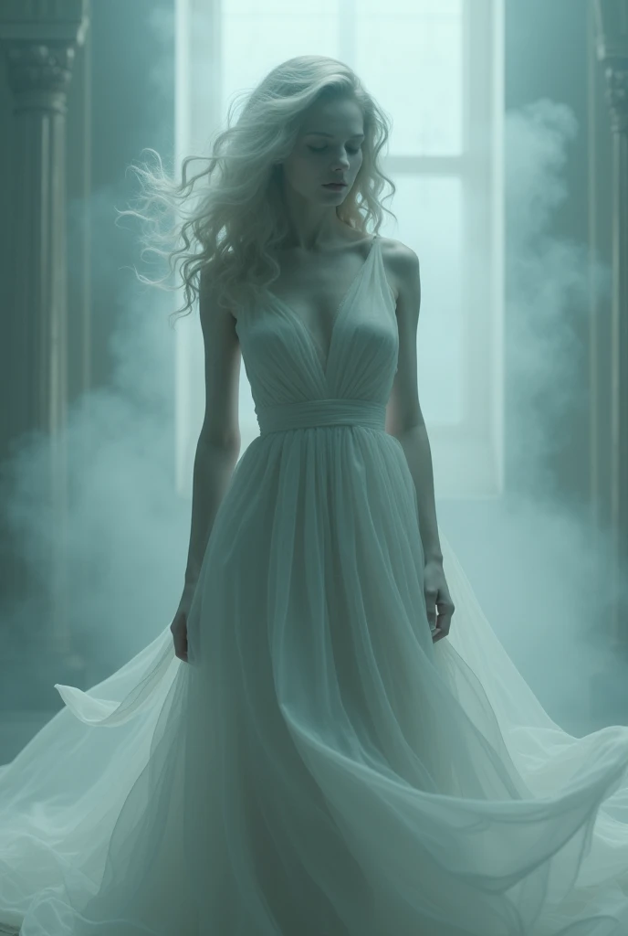 a blonde woman with large breasts and wide hips, ghost possessing her, detailed face, beautiful eyes and lips, elegant dress, dramatic lighting, cinematic composition, dark moody colors, horror, gothic, high quality, photorealistic, 8k, dramatic lighting, dramatic shadows, glowing eyes, ethereal, mysterious, dark fantasy