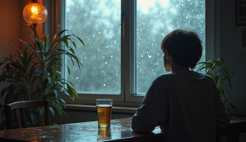 sadness 45° angle looking up window night beer boy