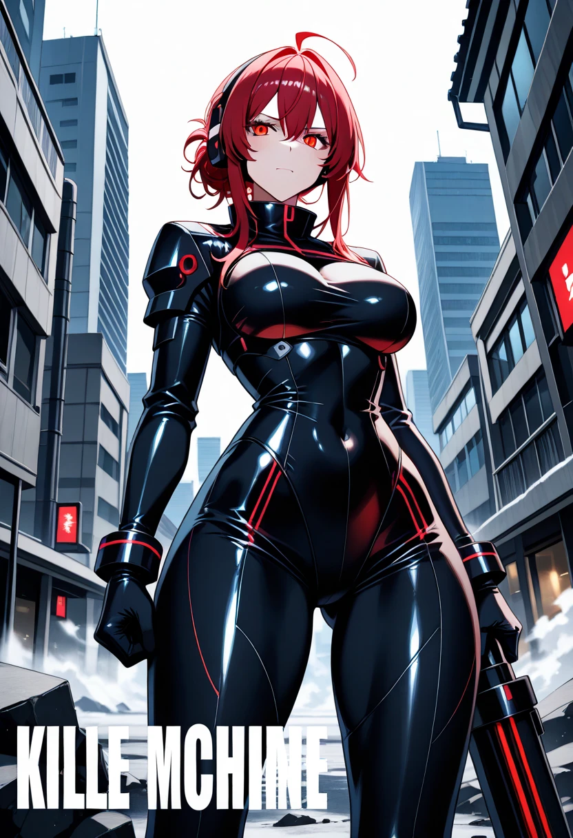 ((masterpiece)) 4k, super realistic, lots of details. Red woman 40 years, long hair, athletic, wearing red leather clothing. Looking at the camera, black eyes, threatening, strong, decisive, serious. Night city in the background with little blur --auto --s2