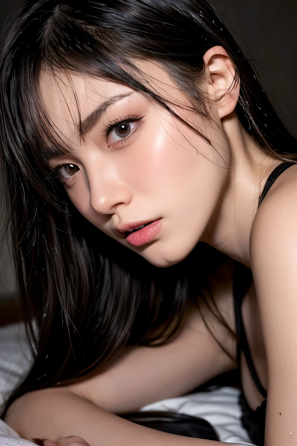 on the bed, in a dim lit dark room, a vibrant young-adult lady, lying face down with arms placed under face, resting face on the arms, blank eyes, close-up shot focus on the upper body from the side,  see-through lingerie bra, blushing, begging expressions, opened mouth a little, very moist lips, wet medium length hair, pale brown and shiny black hair, tied up, no-makeup, slendar figure, sweating, alluring, wearing nothing, exposed all of skin, {realistic photo style}, {cinematic}, {dramatic}