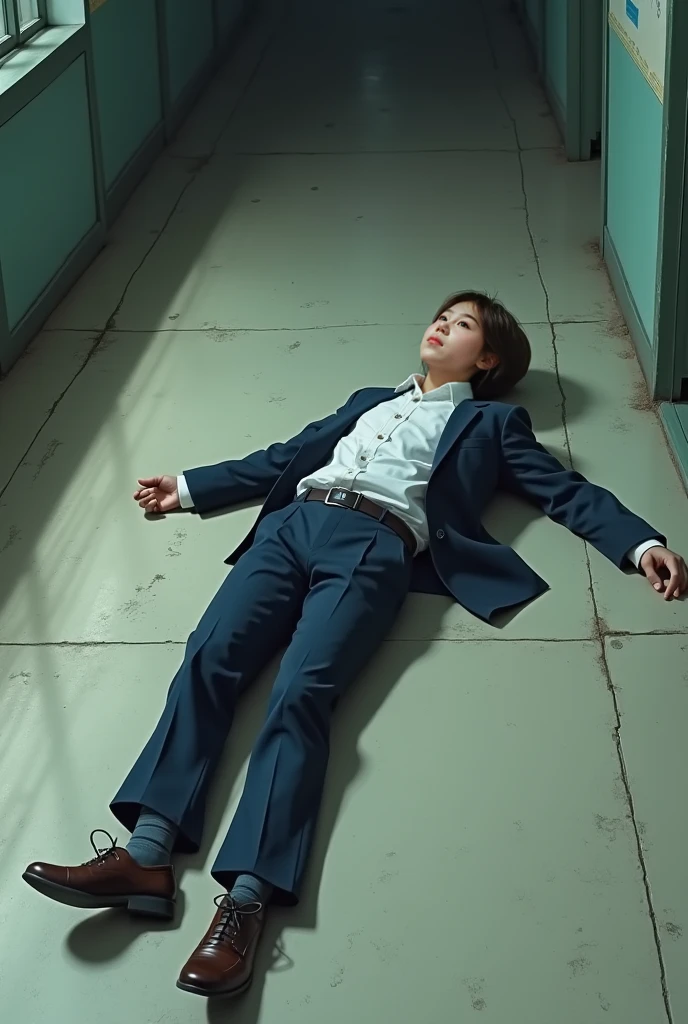 A little boy in a plain white suit, loose plain white suit, a six-year-old little boy, raised an arm