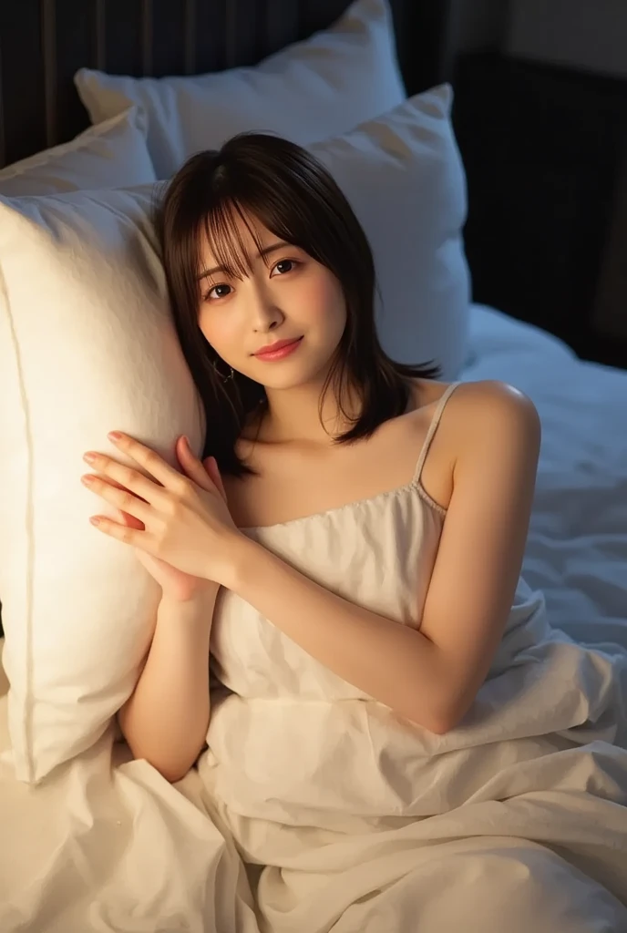 bed、Big pillows,blue sheets、dark light
