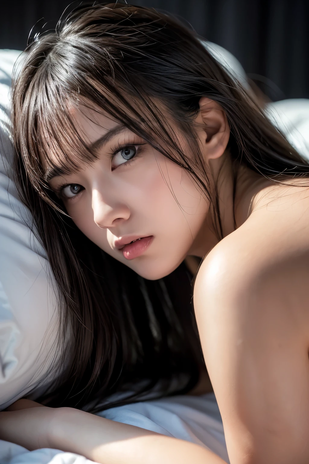 on the bed, in a dim lit dark room, a vibrant young-adult lady, lying face down with arms placed under face, resting face on the arms, blank eyes, close-up shot focus on the upper body from the side, undressed see-through lingerie bra, blushing, begging expressions, opened mouth a little, very moist lips, wet medium length hair, pale brown and shiny black hair, tied up, no-makeup, slendar figure, sweating, alluring, wearing nothing, exposed all of skin, {realistic photo style}, {cinematic}, {dramatic}