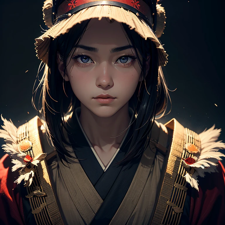 ((Ancient Japanese Samurai), (Personalized Headdress + Fangs Mask)), (Katana +1.2), (Little Girl +0.9), (Dark Shadows + Ultra Wide Lens), (Long Hair + Wind + Detail), 8K High Quality, Cyberpunk City Street View, (Presenting Artistic + Unique Light and Shadow), (Flash + Chromatic Aberration + Floating Light Artifact Background), Late Night Atmosphere, Introducing a Cinematic Feeling.