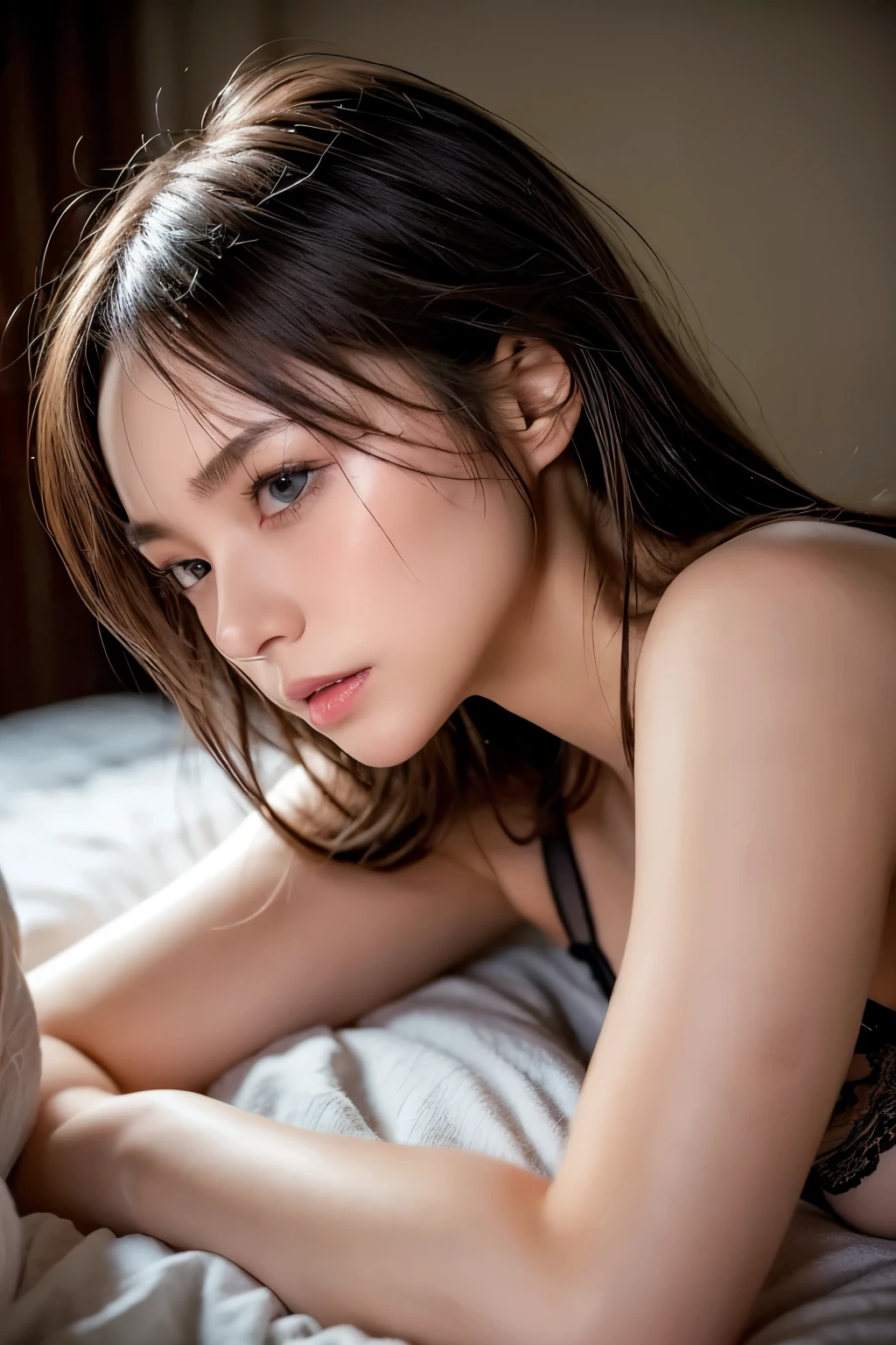 on the bed, in a dim lit dark room, a vibrant young-adult lady, lying face down with arms placed under face, resting face on the arms, blank eyes, close-up shot focus on the upper body from the side, undressed see-through lingerie bra, blushing, begging expressions, opened mouth a little, very moist lips, wet medium length hair, pale brown and shiny black hair, tied up, no-makeup, slendar figure, sweating, alluring, wearing nothing, exposed all of skin, {realistic photo style}, {cinematic}, {dramatic}