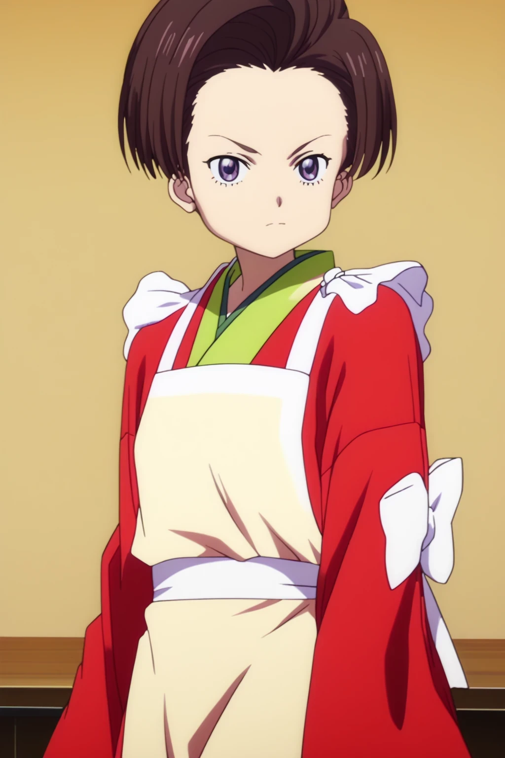 score_9,score_8_up,score_7_up,score_6_up,score_5_up,score_4_up,source_anime,(1girl:1.5), masterpiece,absurdres,highres,highest quality,Super detailed,32K,High resolution,an extremely delicate and beautiful,Official Art,Perfect Anatomy, (Contrasting colors,octane rendering,Fully painted,anime coloring,anime screencap,Cel-shaded anime,retro artstyle,1990s \(style\),90s anime,90s anime style,:1.25), perfect face,ultradeTailed eyes,beautiful,sexy,supermodel,athletic body,shiny skin,Dramatic light,(scale to fit the dimensions:1.2),((fuki harukawa,forehead,purple eyes,japanese clothes,kimono,apron,red ribbon,waitress,red kimono:1.52)),((cowboy shot:1.5)),