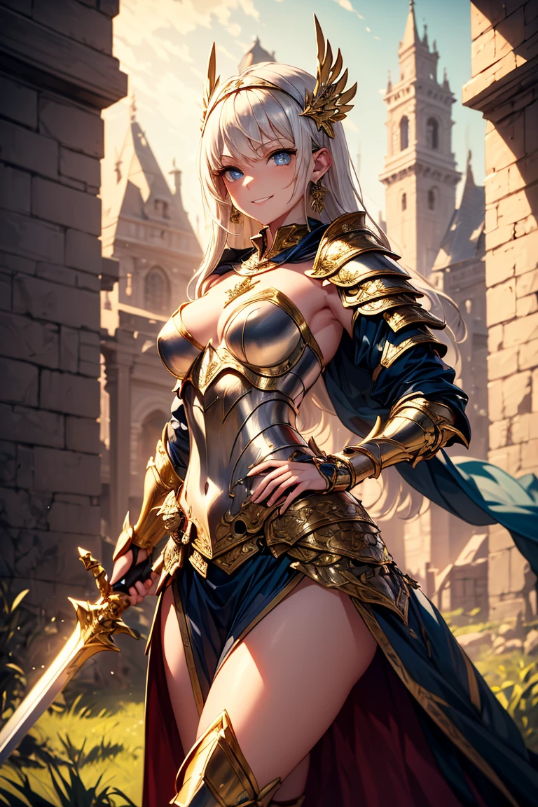 woman in shiny armor, posing for medieval fashion magazine cover, sitting on the knee, big breasts, haughty, naughty, at the beach, making a flower crown, scornful, arrogance