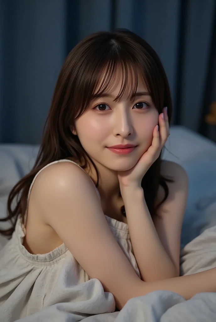 (8K, RAW photo, highest quality, masterpiece: 1.2), Super detailed, super resolution, (real photos: 1.37), portrait, High-definition RAW color photo, professional photos, 非常に詳細で美new, very detailed, 8k wallpaper, amazing details, huge file size, official art, very detailed CG Unity 8k wallpaper, very detailed beautiful girls, very detailed facesHighly detailed eyes, very detailed skin, very detailed fingers, very detailed nose, very detailed detailed mouth, perfect anatomy, detailed background, Fine clothes, one girl, (20:1.2), 20th generation, cute girl, real body, small, white skin, glowing skin, because I'thin, handsome body, black hair, short hair, (dull bangs: 1.2), smile, cute, like々new, かわいらnew顔, real istic face, delicate eyes, sagging eyes, cute loungewear, See-through, earrings, sleep, cute sleep face, cowboy shot, landscape, lying together in bed, contrap post, Dynamic Writing, medium breasts, cowboy shot