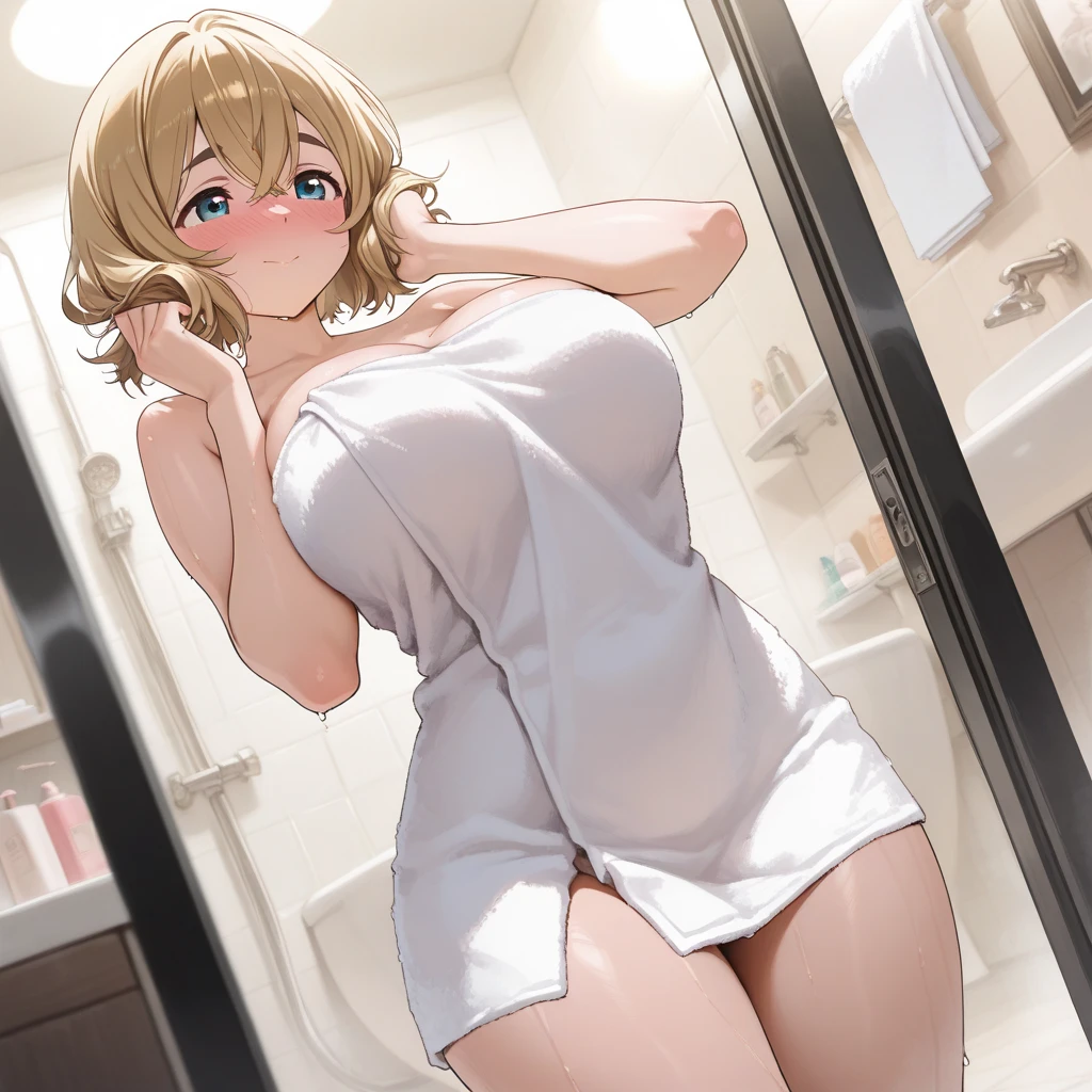 Blue eyes, Blonde hair, Sweating, Breast size d, Short cut and wavy hair, Big hips, High quality, A slightly shiny body, taking a shower, smiling, pressing her chest against the glass