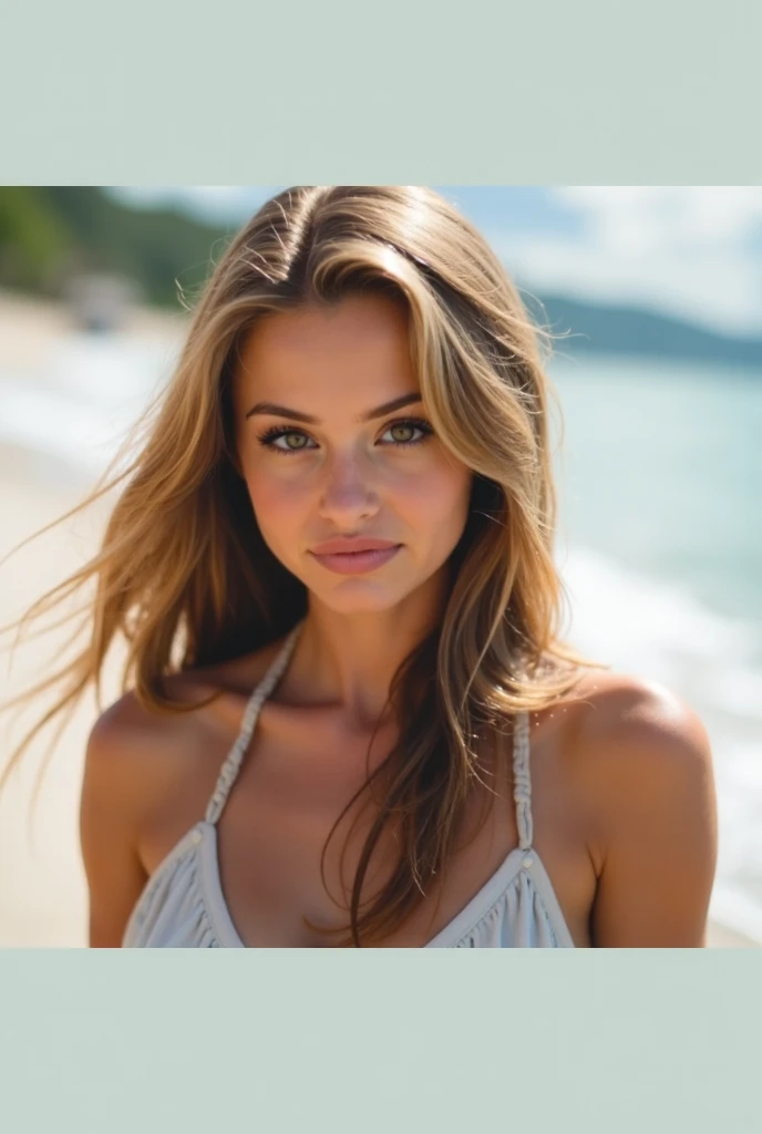 Instagram female model, light brown hair, darkened green eyes, tan skin, fully nude, stranded beach, no one is nearby