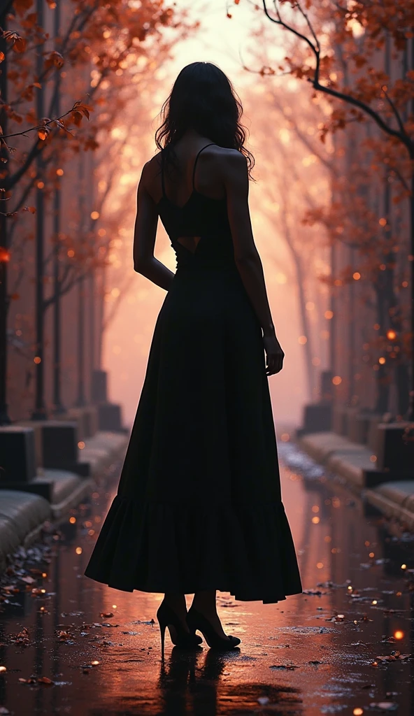 a beautiful latin american female model, hourglass figure, large breasts, slim, walking in park at night, wearing elegant black dress, best quality, photorealistic, high resolution, 8k, cinematic lighting, hyper detailed, intricate, chiaroscuro, dramatic