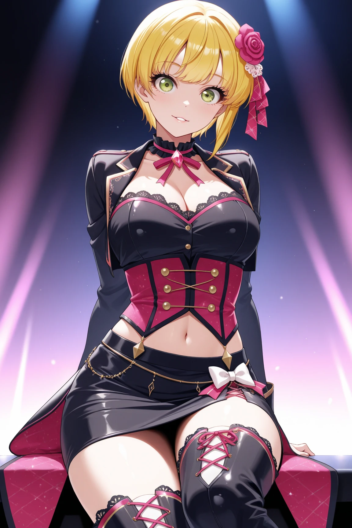 yor briar, anime style beutiful woman, 1girl, happy, sexy pause,(with sparkling eyes and a contagious smile:0.9),red face, closed mouth, beautiful detailed eyes, super detailed skin, backlighting, bare shoulders, black background, black dress, black gloves, black hair, breasts, dress, earrings, fingerless gloves, floating hair, floral print, flower, gloves, gold earrings, gold hairband, hair flower, hair ornament, hairband, holding, holding weapon, jewelry, large breasts, long hair, looking at viewer, off-shoulder dress, off shoulder,red eyes, short hair with long locks, sidelocks, solo, spikes, thighs, two-sided dress, two-sided fabric, weapon, fighting stance , face, close up, from above, highest quality, looking at viewer,high resolution.