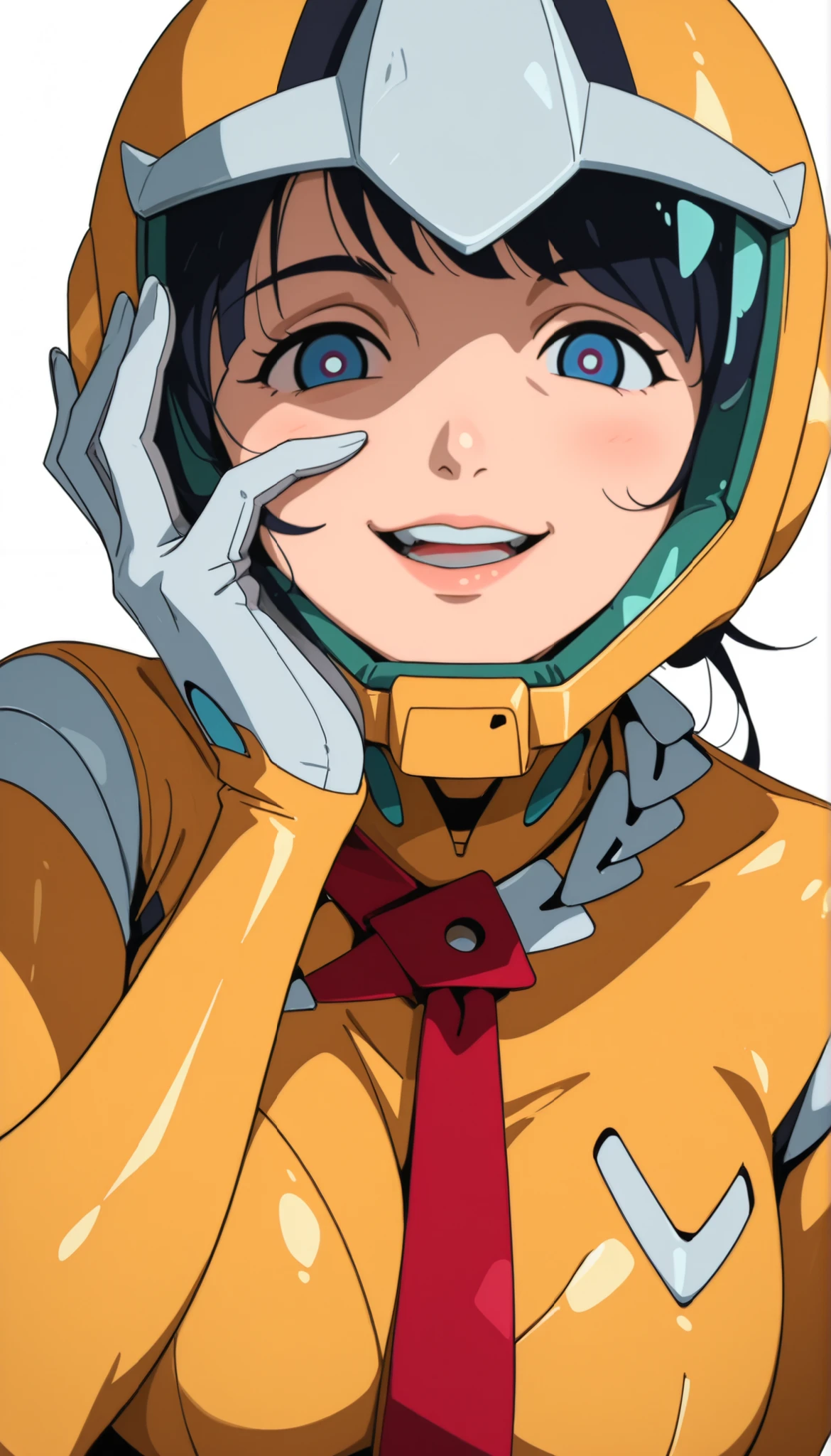 simple background, white background, deep, anime screen capture,Anime Coloring, Shiiko 2, helmet, solo, stares at viewers, gloves, blue eyes, smile, red ties, 1 girl, puts her hand on her face, white gloves, ties,yellow bodysuit,pilot suit,open your mouth, with your lips tied,, teeth, big breasts,