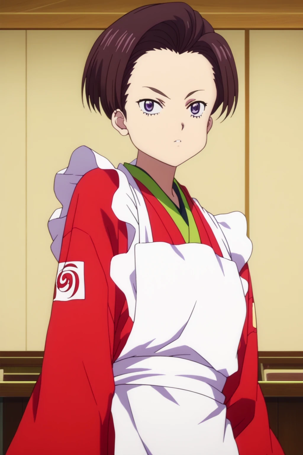 score_9,score_8_up,score_7_up,score_6_up,score_5_up,score_4_up,source_anime,(1girl:1.5), masterpiece,absurdres,highres,highest quality,Super detailed,32K,High resolution,an extremely delicate and beautiful,Official Art,Perfect Anatomy, (Contrasting colors,octane rendering,Fully painted,anime coloring,anime screencap,Cel-shaded anime,retro artstyle,1990s \(style\),90s anime,90s anime style,:1.25), perfect face,ultradeTailed eyes,beautiful,sexy,supermodel,athletic body,shiny skin,Dramatic light,(scale to fit the dimensions:1.2),((fuki harukawa,forehead,purple eyes,japanese clothes,kimono,apron,red ribbon,waitress,red kimono:1.52)),((cowboy shot:1.5)),