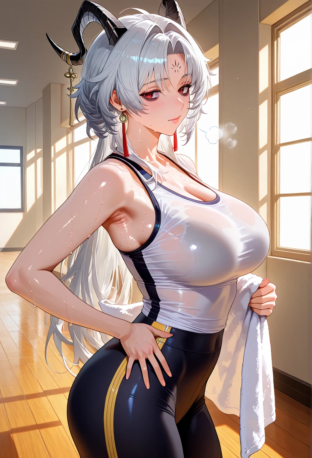 realistic, 1girl, ponytail, parted lips, blush, makeup, light smile, white hair, sportswear, skirt, wet clothes, glow, thighs, purple eye, bare shoulders, collarbone, narrow waist, sunbeam, sunlight, rose, wind, cleavage, (masterpiece), sweat,