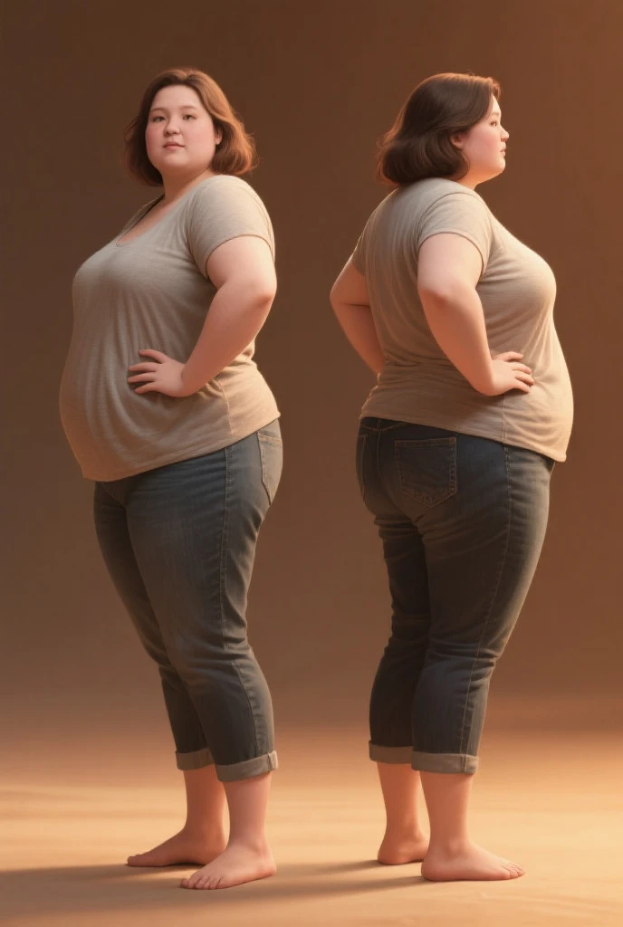 Make a very thin person who wears glasses and has some acne spots., she has long wavy brown hair and brown eyes. If you have fair skin, even with a lot of acne, make a full body image (Down to the foot)
Months passed and he gained about 30kg and doesn't feel well at all..
This has localized fat in the abdomen, bigger and saggy breasts, and facial fat, thighs rubbing against each other