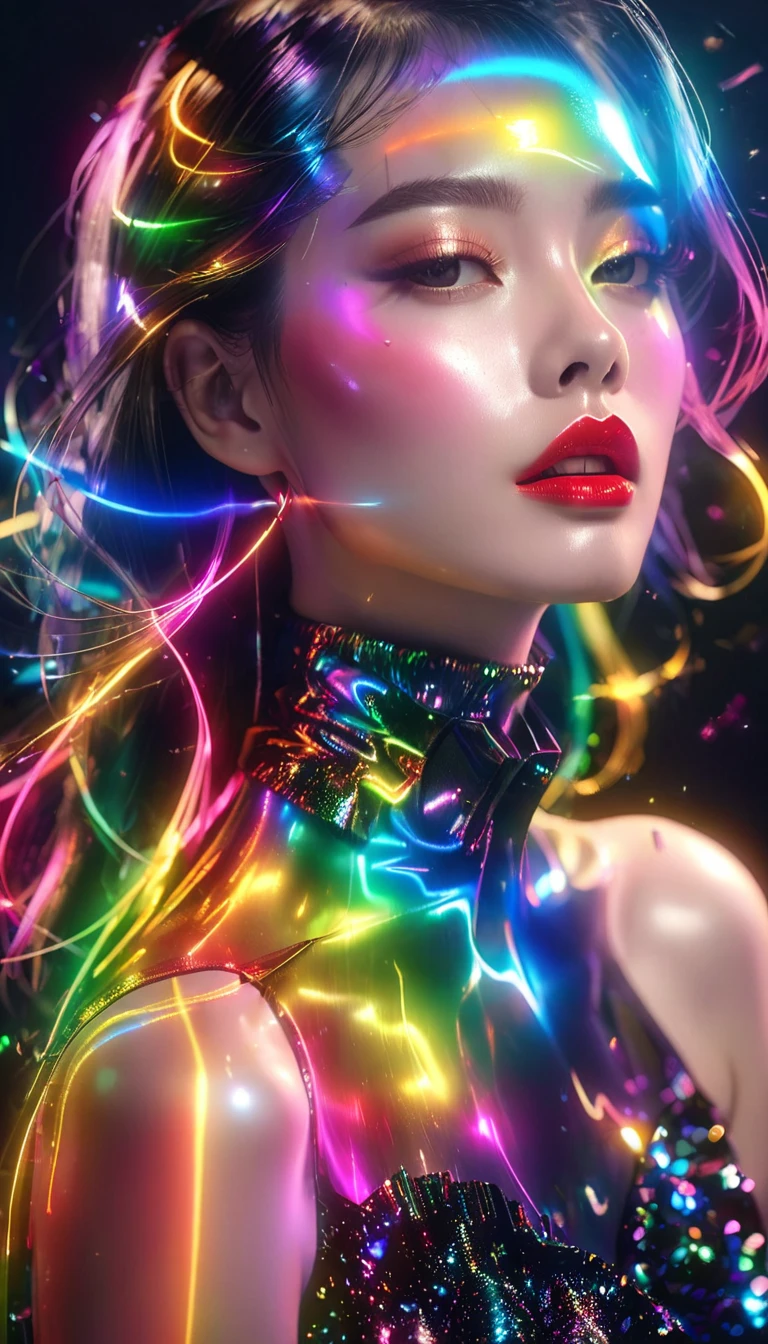 Ultra-Realistic Capture,18k,RAW Photos,Highest quality,masterpiece,reality,Very detailed,Very beautiful woman,Automata,20-year-old ,Model body type,LED,Transparent skin,Very detailedな電子機器の骨格,A lot of connecting lines,Rainbow colors,Very long hair,whole body,Standing posture,tall,Standing on tiptoes,Wet,Middle finger up,Sticking out tongue,Black background,