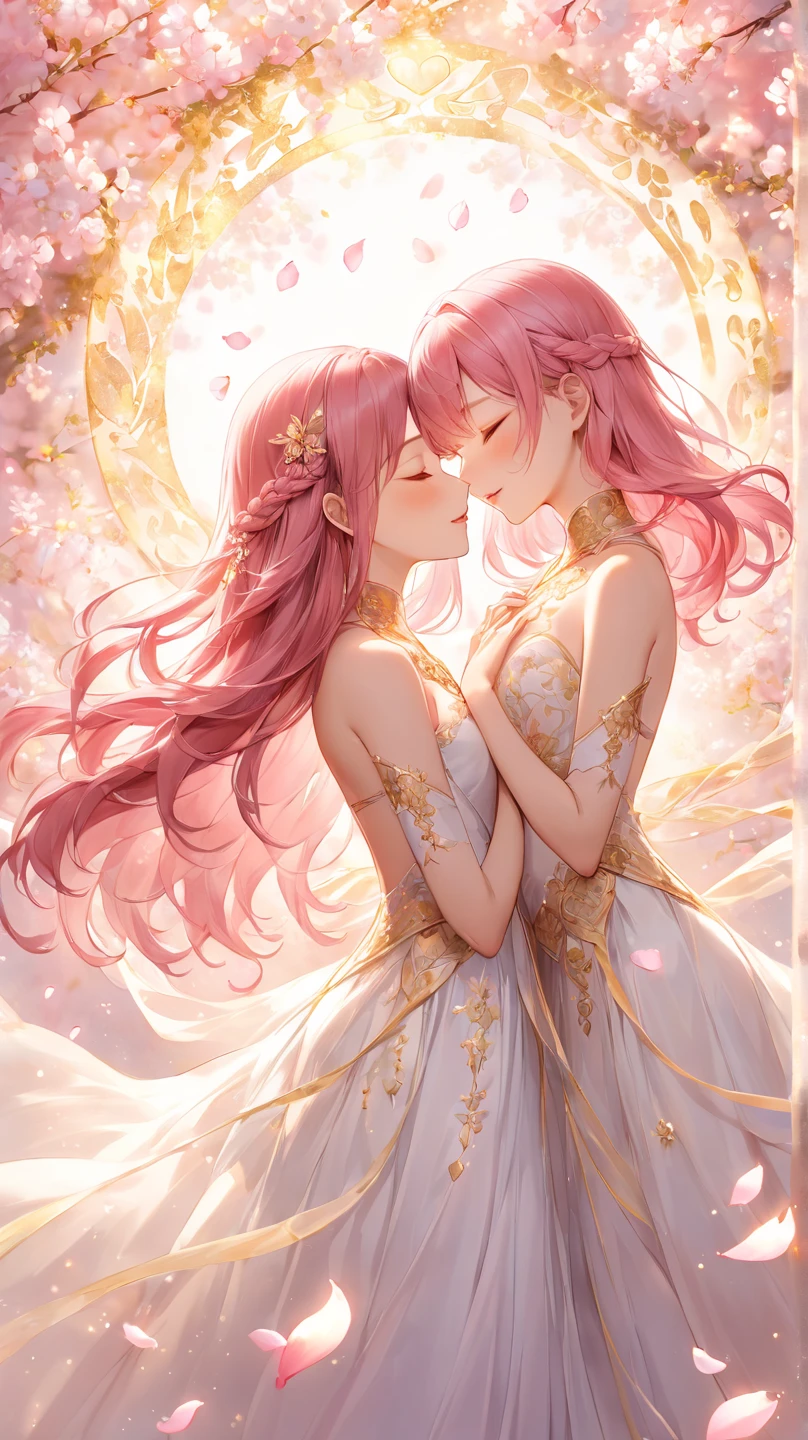 Very detailed CG Unity 8K wallpaper, Cute 2 boy, Mature hair、lady ,beautiful lady, pale skin (Super masterpiece, Beautiful person, well detailed face polluted smile, Photorealistic, hyper realisitic),
(Pink gorgeous dress:1.7)、 smile、
Japanese background with light pink flowers and snow、Portrait、(Two women:1.5)、(The two kiss:1.5)
(ref Eyes)、(large breasts:1.2)、(Glowing Skin:1.7)、Detailed eyes、Big eyes、Open your mouth、Hide your arm、
