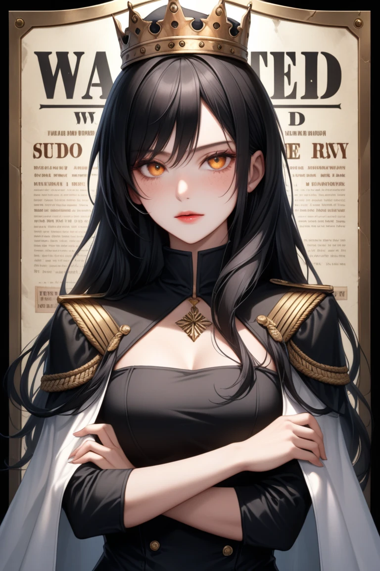 ((extreme quality)), ((masterpiece)), ((RAW 8K)), ((anime-real fusion)), ((extreme photorealism)), ((hyper-detailed skin texture)), ((studio-grade lighting)), ((warm natural tones)), ((extreme eye detail:1.2)),

Boa Hancock half-body portrait in One Piece "Wanted" poster frame — standing with a regal and confident posture. Her expression is cold and unyielding, showing arrogance and authority — furrowed brows, tight lips, and medium glowing eyes full of disdain. Her body is upright with her arms folded across her chest in a commanding, yet elegant manner. No hat is worn, allowing her sleek hair to fall freely.

Hair: long, jet-black hair with a glossy, silky texture — parted cleanly at the center, flowing straight and smooth down past her shoulders. The ends curl inward subtly, just like in the anime. Each strand is softly defined, adding a natural yet controlled look.

Outfit: black high-collar, long-sleeved dress — body-hugging and mid-thigh length with a modest slit on one side. Draped over her shoulders is a pristine white cape with gold-trimmed epaulettes, giving her a royal military appearance.  
Skin: light olive-toned with hyper-realistic details — visible pores, slight freckles, and subtle highlights around her cheeks and collarbones.

Background: authentic One Piece “WANTED” poster design — creased and aged parchment with large serif “WANTED” text above, faint Marine stamp, and blurred bounty beneath. Soft vignette shadowing around the edges adds depth.

Mood: icy, authoritative, and untouchable — a queen who commands the seas with a glare that could freeze anyone in place.
