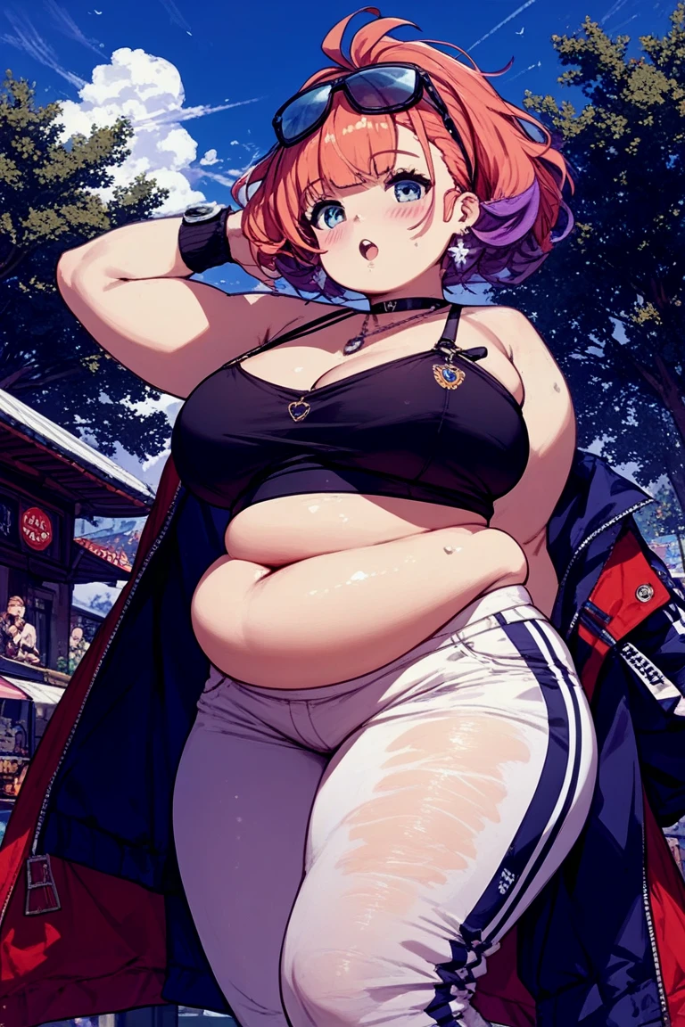 1boy, (((mommy))), (dark skin)), (((butterfly hair))), (((jacket))), ((((massive chest)))), ((((massive ass)))), (((thick thighs))), (((black glasses))), Astolfo:FGO