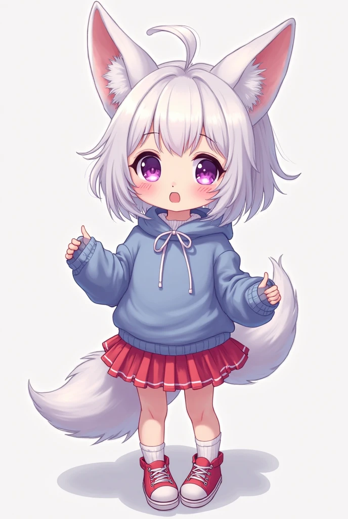 white-haired girl, lilac eyes, with arctic fox ears, wearing blue sweatshirt, red skirt and red sneakers ( anime style)