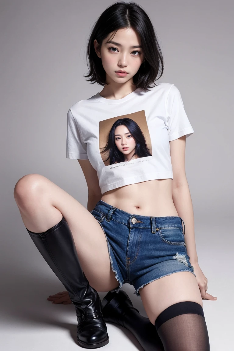 (highest quality, Very detailed, masterpiece:1.2), 1 female, very thin body, Long, slender legs, ((Black wavy Short Hair:1.2)), ((Thick and fluffy bangs)), Very detailedな顔,faint smile, Small, thin nose, small thin mouth, Extremely sharply focused eyes, Japanese, Beautiful Face, Realistic eyes, Beautiful and beautiful eyes, Realistic Skin, Beautiful Skin, charm, (A vivid face), Beautiful Hairstyles,In underwear,(T-Shirts,panties panty pull),Messy ロッカールーム
