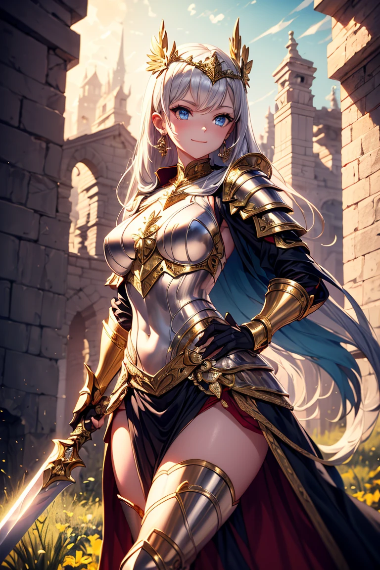 <lora:granblue_fantasy_style_xl:0.8> granblue_fantasy_style_xl, granblue, 1girl, armor, armored_dress, breastplate, dark-skinned_female, dark_skin, holding, holding_sword, long_hair, red_eyes, solo, sword, weapon, white_hair, zooey_\(granblue_fantasy\), shaded face, intricate detail, cinematic lighting, amazing quality, amazing shading, detailed Illustration, official artwork, wallpaper, official art, extremely detailed eyes and face, beautiful detailed eyes, ((masterpiece, best quality)), from side, full body, dutch angle, navel, leaning to the side, white thighhighs, thigh gap