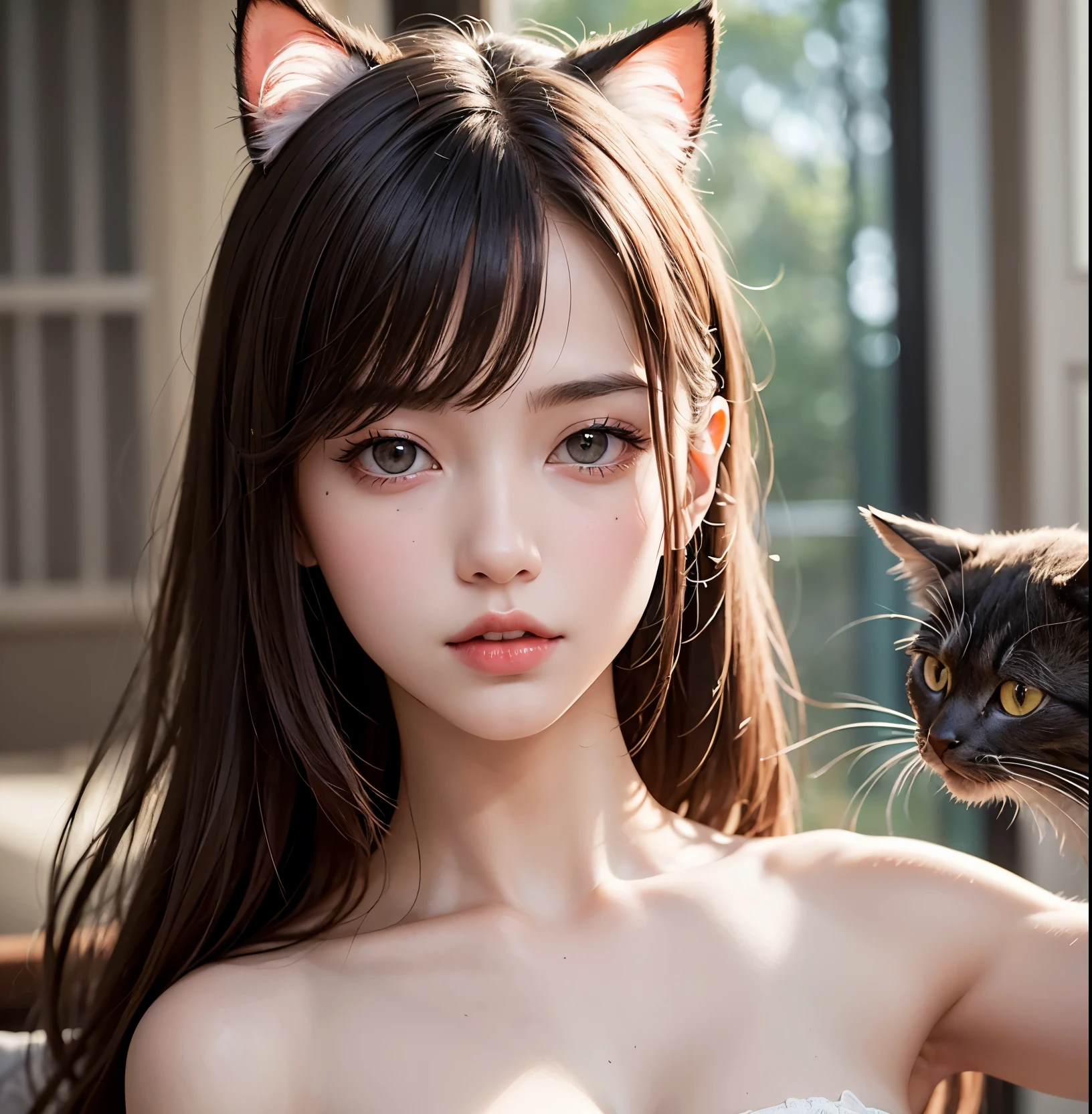 ((top-quality, Top image quality, super high resolution)), ((2girls, childlike face, yuri, lick a finger, bird's eye view, topless)), Neat and clean beautiful girl, slender, large breasts, Round contour, smile, drooping eyes, White teeth, idol, Ultra-detailed and beautiful skin, thin eyebrows, pale skin, light skinned, brown hair, half updo, bangs, Super detailed and beautiful face, slim body, small hip, cat ears, pussy line