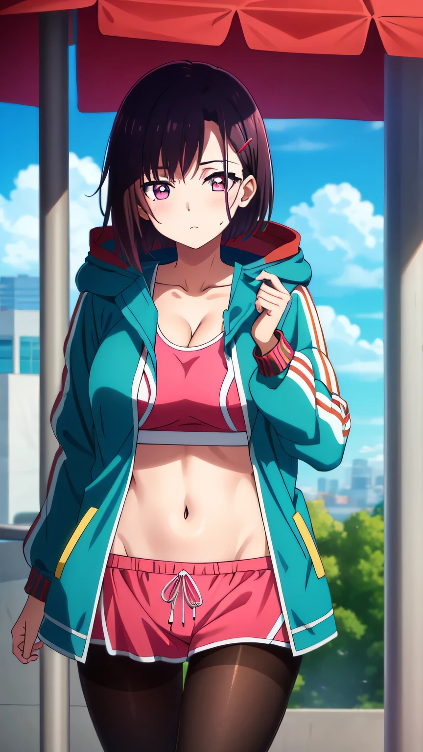 {{{masterpiece}}}, (best quality:1.5), (ultra-detailed:1.5), {illustration}, {{an extremely delicate and beautiful}}, (beautiful detailed eyes:1.6), absurdres, highres, extremely detailed face, 16k, hd, visual anime de uma jovem mulher, extremamente bonito rosto de anime, anime melhor garota, (perfect hands, perfect anatomy), anime face, shizuka mikazuki(Zom 100: Bucket List of the Dead), 1girl, solo, cute face, short hair, purple hair, flowing bangs, hair ornaments, hair clip, flushed cheeks, (pink eyes:1.5), medium breasts, big hips, curvaceous, BREAK, (oversized jacket:1.2), open Jacket, (colorful blue jacket:1.3), hooded Jacket, hood down, open clothes, jacket slip, sportswear, pink sports bra, cleavage, abdomen, navel, pink shorts, groin, (brown pantyhose:1.2), BREAK, cool face, walking, flushed cheeks, looking at viewer, outdoor, city, building, sky, daytime, cowboy shot